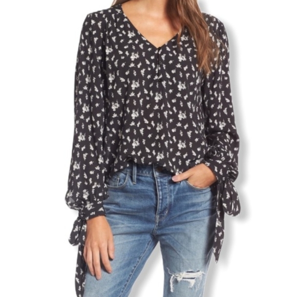 hinge Tops - Hinge Floral Tie Sleeve Blouse -1